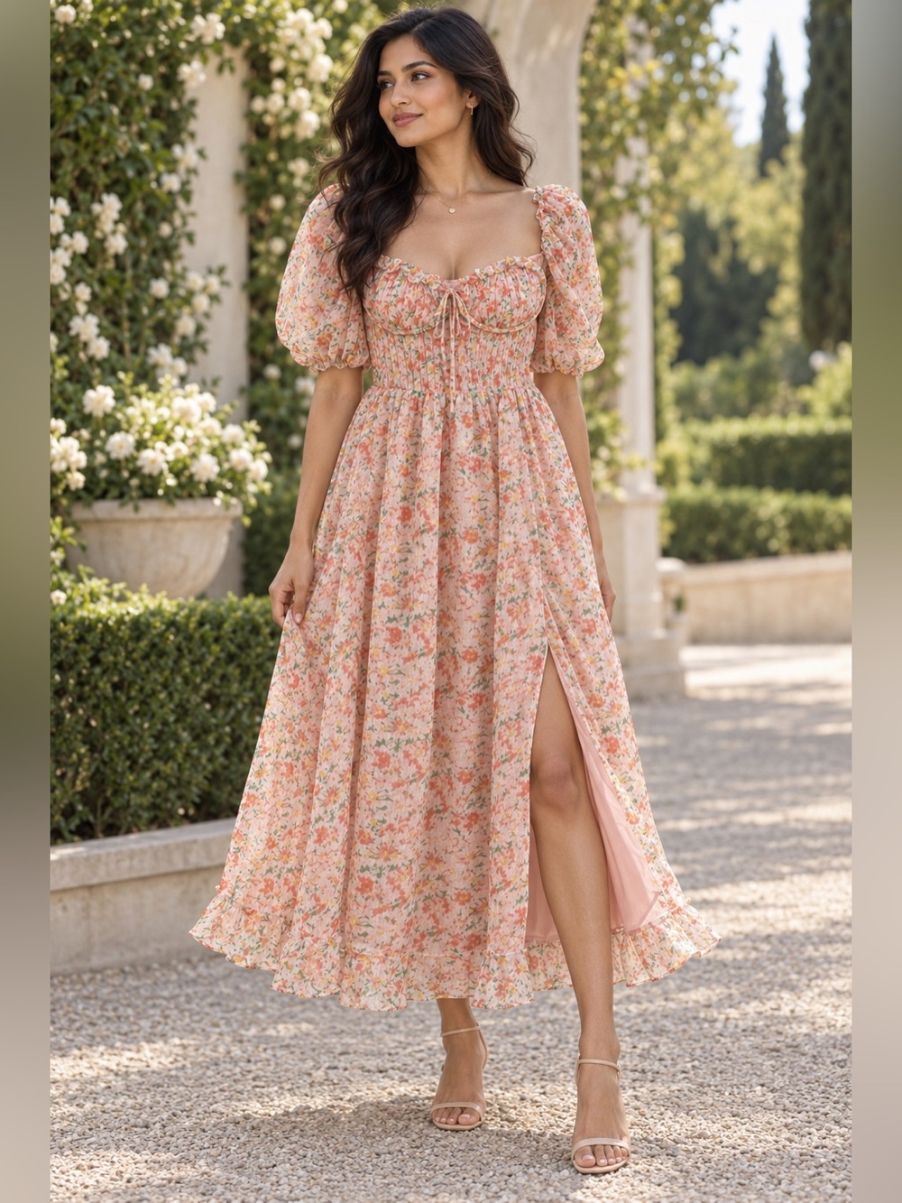 ASTR The Label Lunaria Floral Pleated Midi Dress Puff Sleeve S NWOT